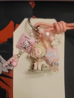 NWT- Custom Skull Panda Themed Pink & Green Keychain/Bag Charm with Beads